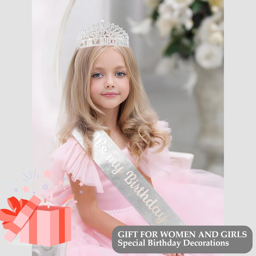 Silver Its My Birthday Sash and Crown for Women Girls Birthday Accessories for Women Princess Tiara Crown for Adult