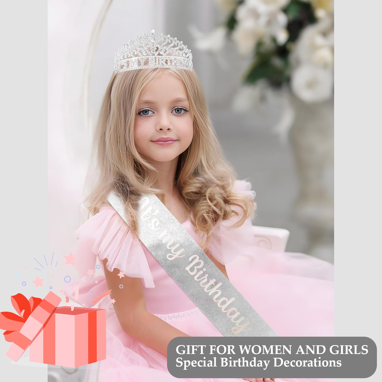 Silver Its My Birthday Sash and Crown for Women Girls Birthday Accessories for Women Princess Tiara Crown for Adult