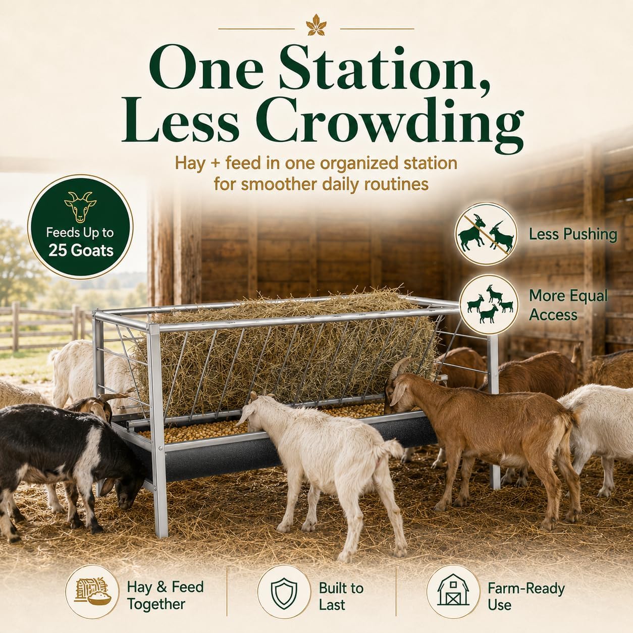 98 Gallon Hay Feeder, Anti-Waste Goat Feeder with Rubber Trough for Farms | Stainless steel feeder uses a hay rack