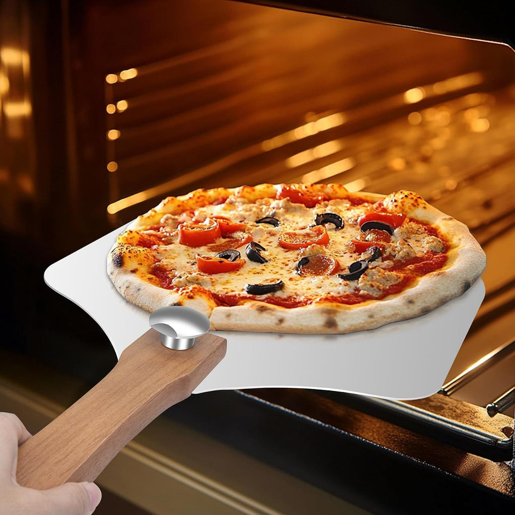 Aluminum Pizza Peel 12x14" With Foldable Wooden Handle - Metal Paddle, Rocker Cutter, and Server for Pizza Oven