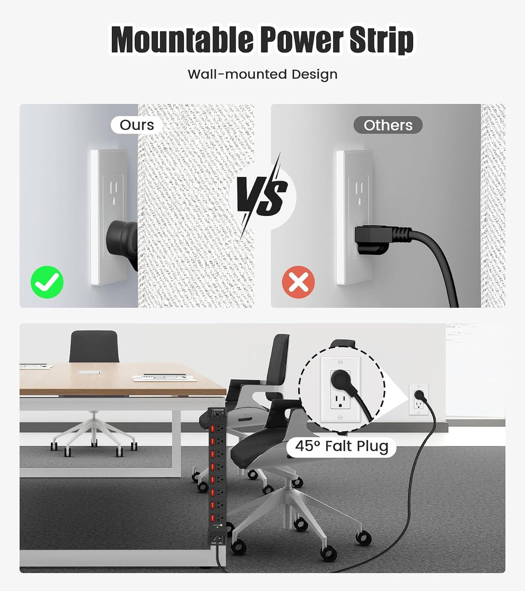 Heavy Duty Power Strip with 8 Outlets,1200J Surge Protector,Black,6FT | Individual Switch with Multiple Outlets,Wall