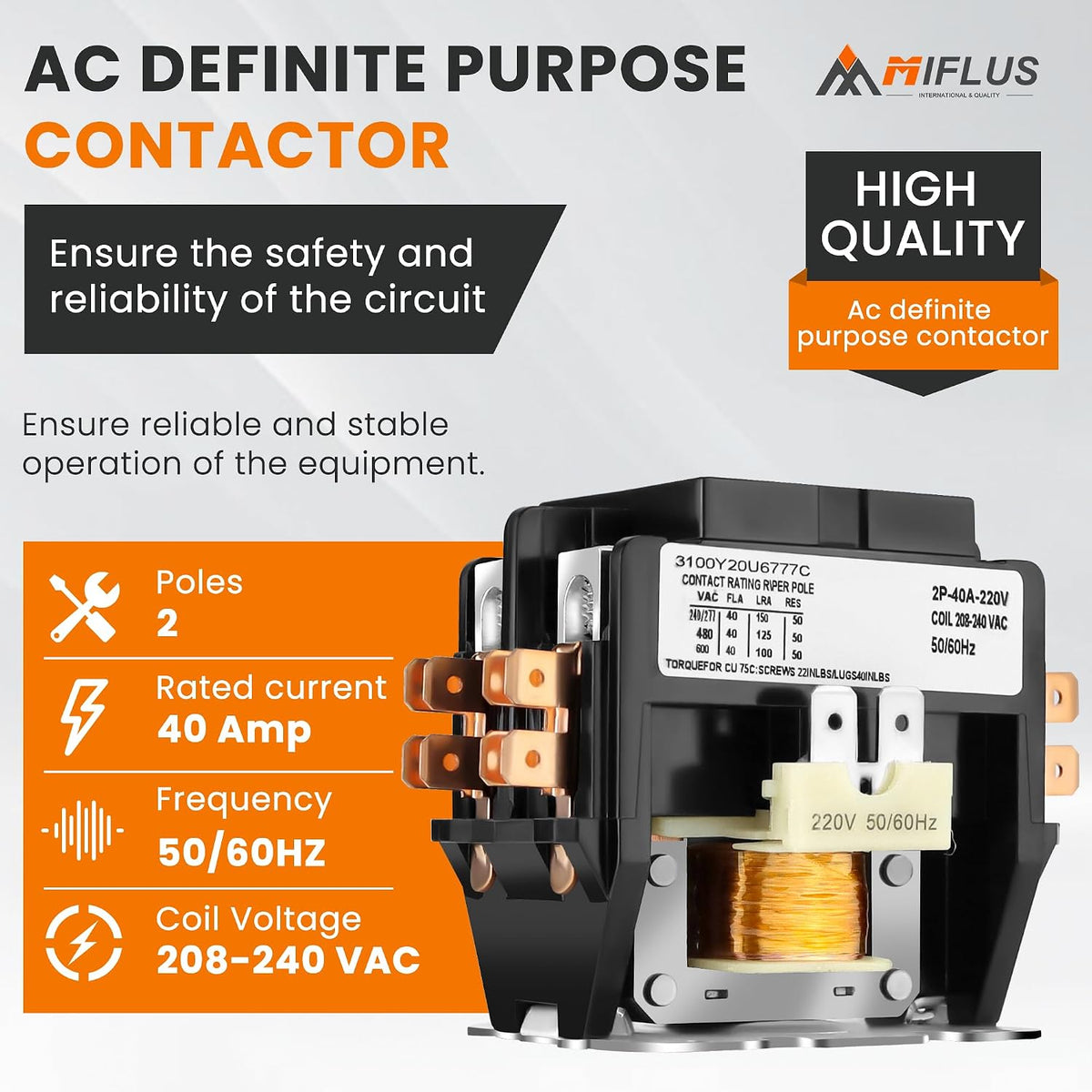 2 Pole Air Conditioner Contactor 40 Amp 220V Coil,AC Definite Purpose Contactor,Air Conditioner Contactor Compatible for Relays,Air Conditioner,Heat Pump,Refrigeration Systems by MIFLUS