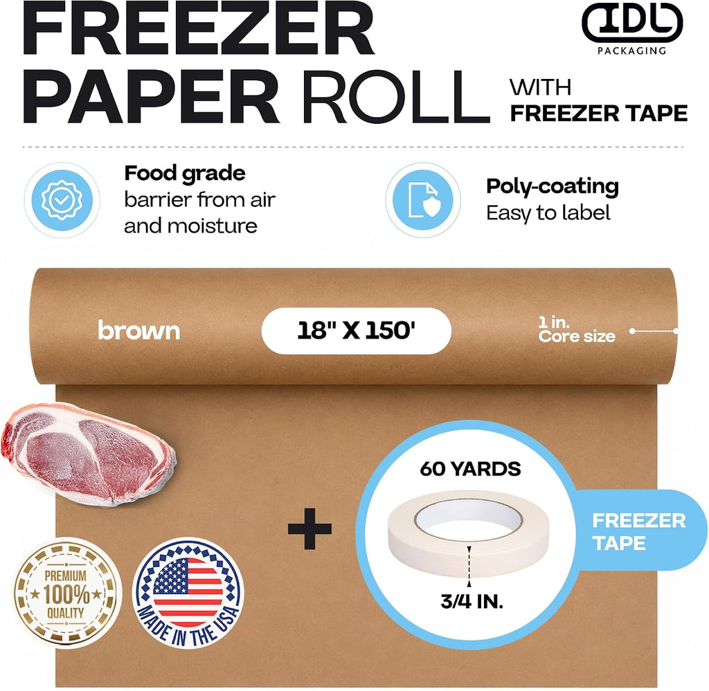 Brown Freezer Paper Roll 18" x 1800" (150 feet) with Freezer Tape, USA-Made