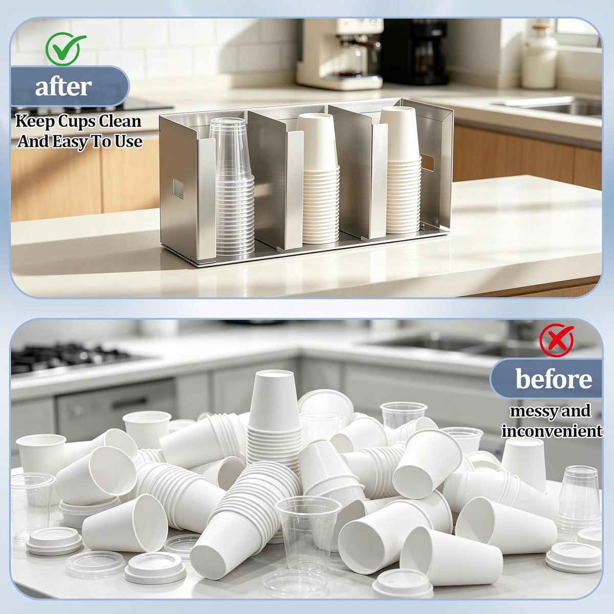 3 Compartments Stainless Steel Cup Dispenser with Adjustable Dividers