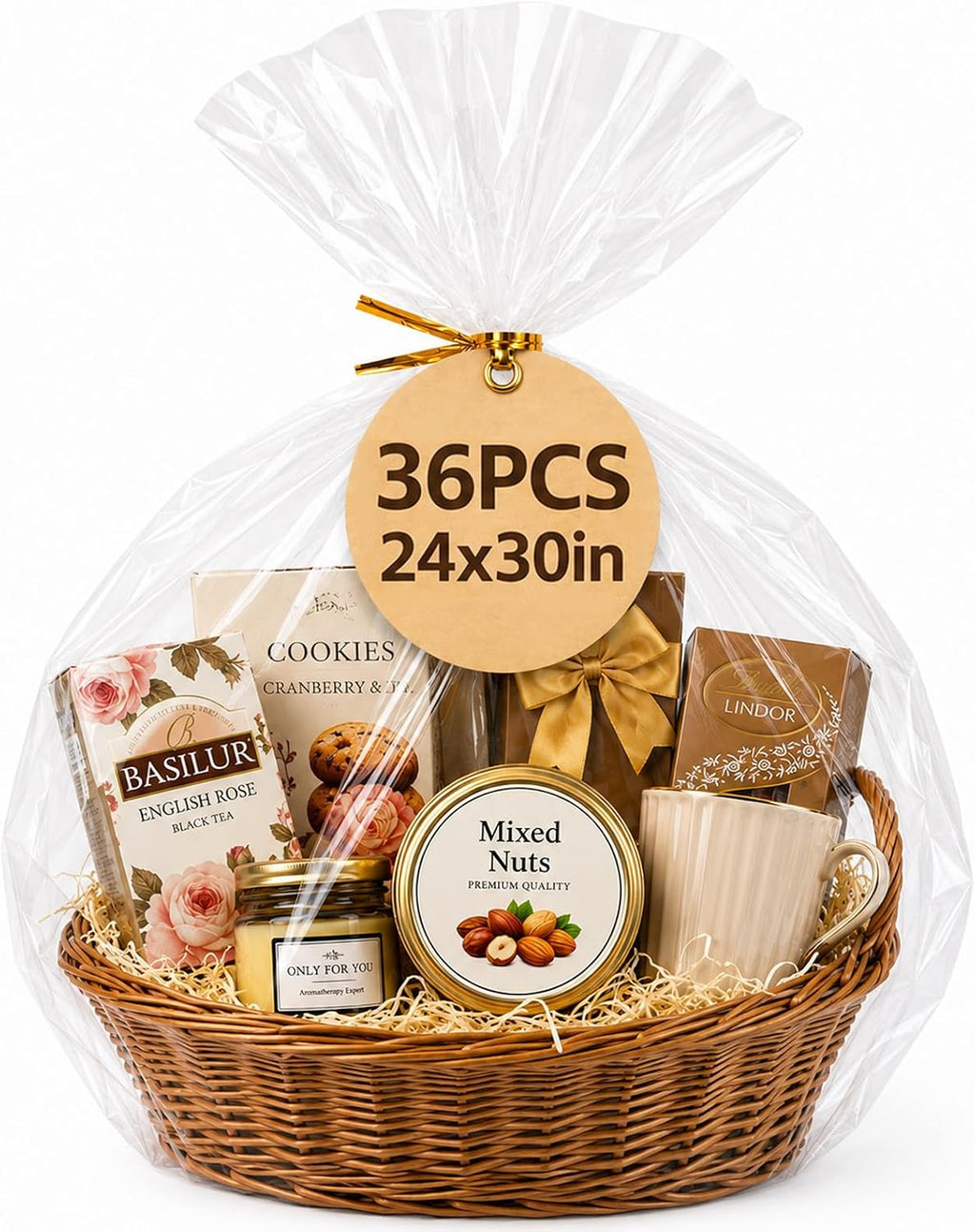 Cellophane Wrap for Gift Baskets with Twist Ties 24x30 Inches 36 PCS