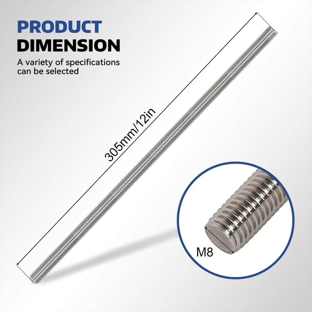 4 Pcs 304 Stainless Steel M8 Threaded Rod,12"(305mm)