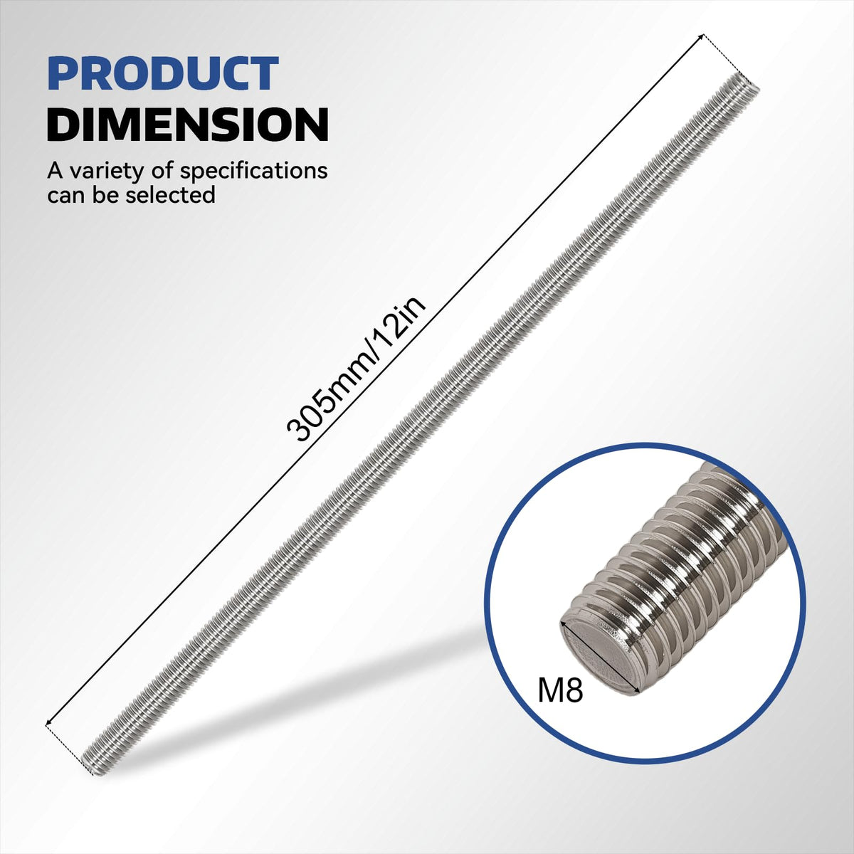 4 Pcs 304 Stainless Steel M8 Threaded Rod,12"(305mm)