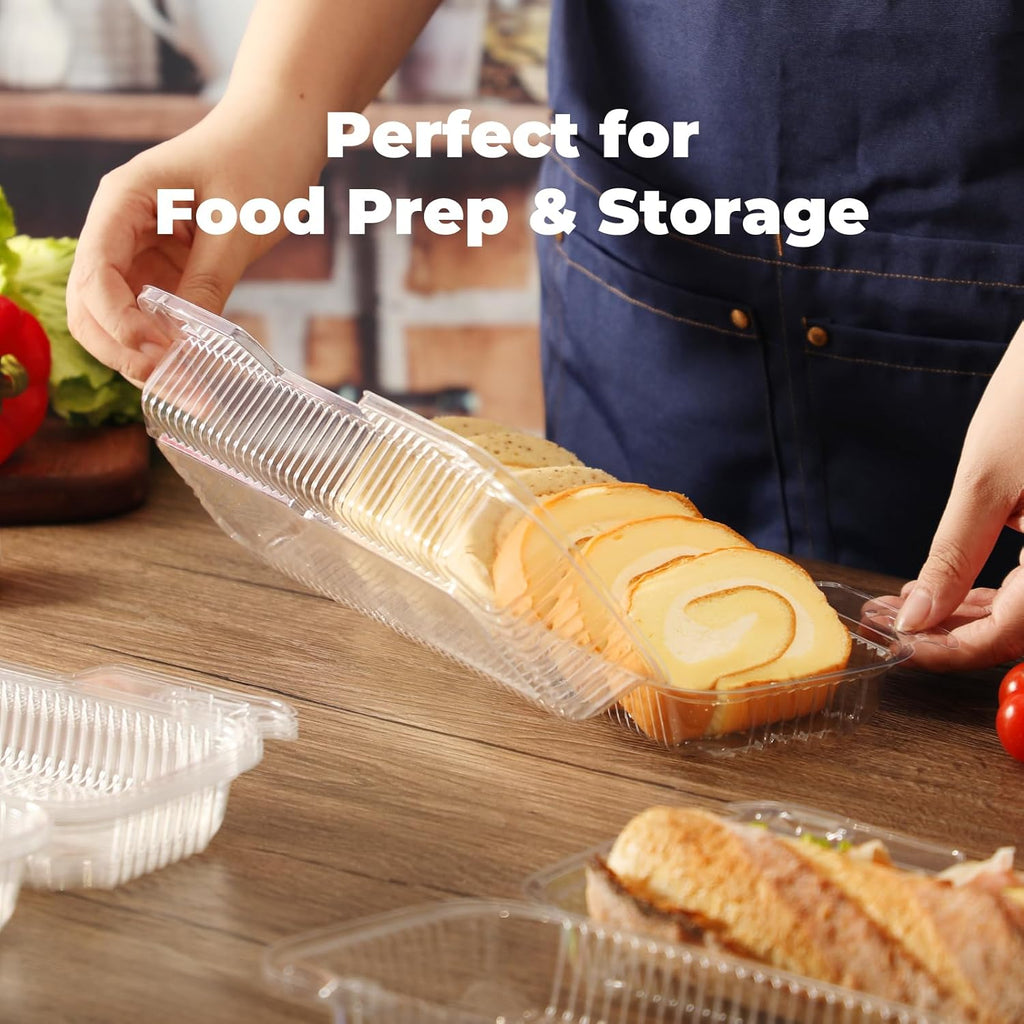 25 Pack 12" x 5" x 3" Clear Hinged Plastic Containers, Clamshell Take Out Containers, Bakery To Go Disposable Plastic
