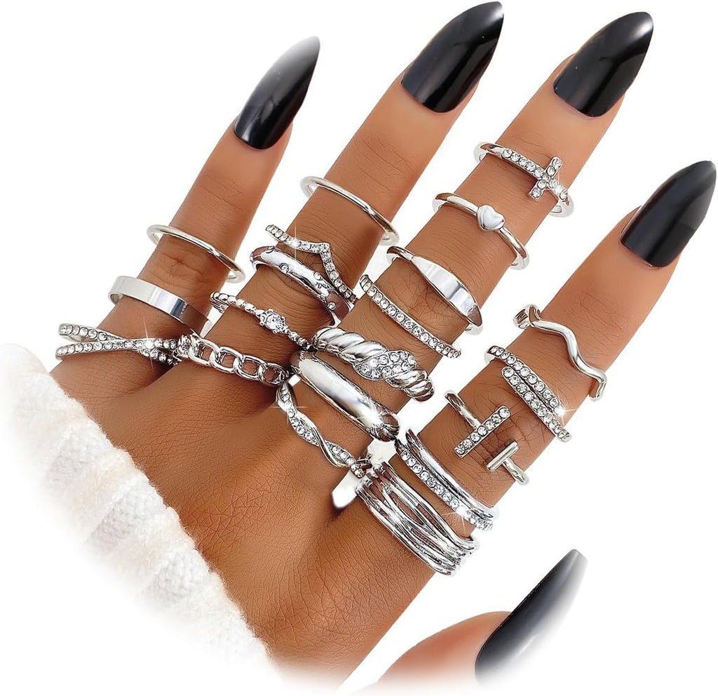 20Pcs Stackable Rings for Women, Gold Black Silver Knuckle Ring Set, Dainty Chunky Statement Rings for Daily Wear