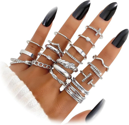 20Pcs Stackable Rings for Women, Gold Black Silver Knuckle Ring Set, Dainty Chunky Statement Rings for Daily Wear