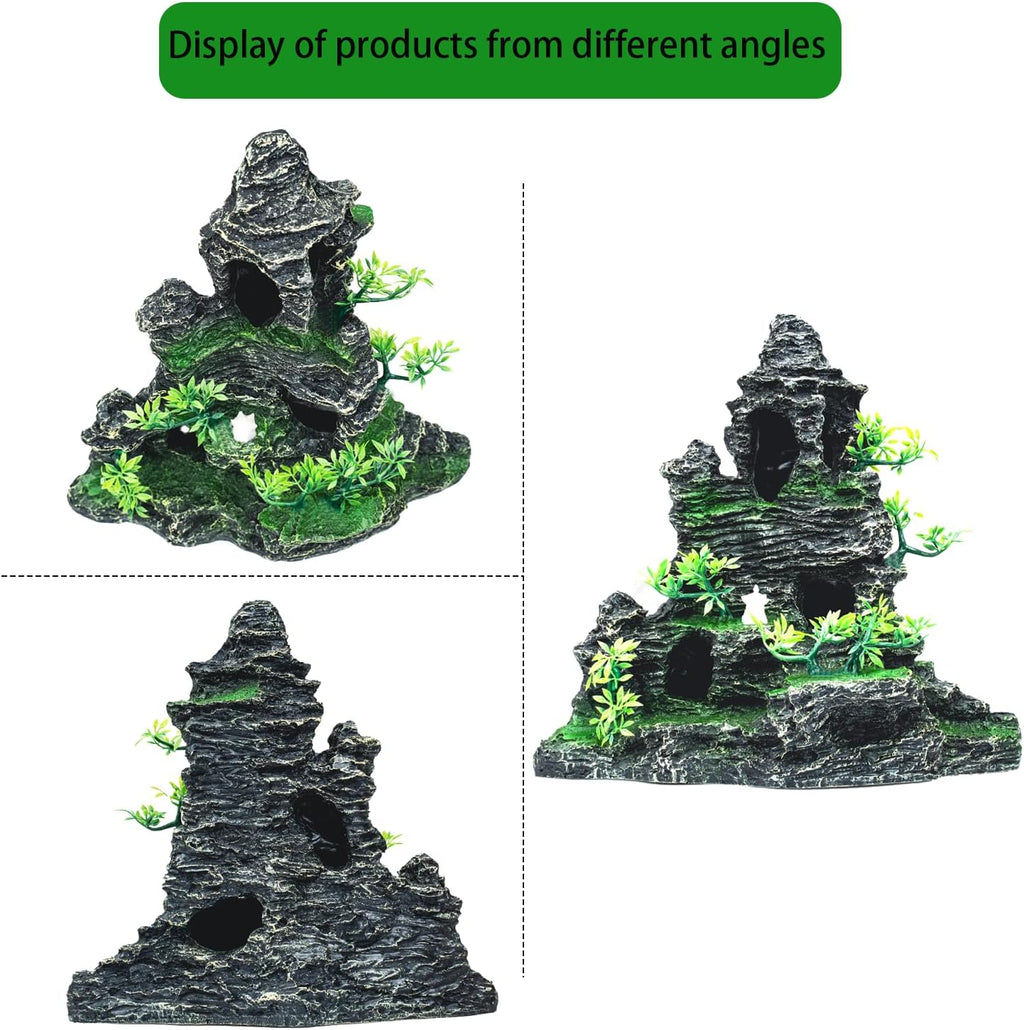 Large Aquarium Decor - Fish Tank Decorations with Mountain View Stone Ornament, Ideal for Betta, Snails, Turtle