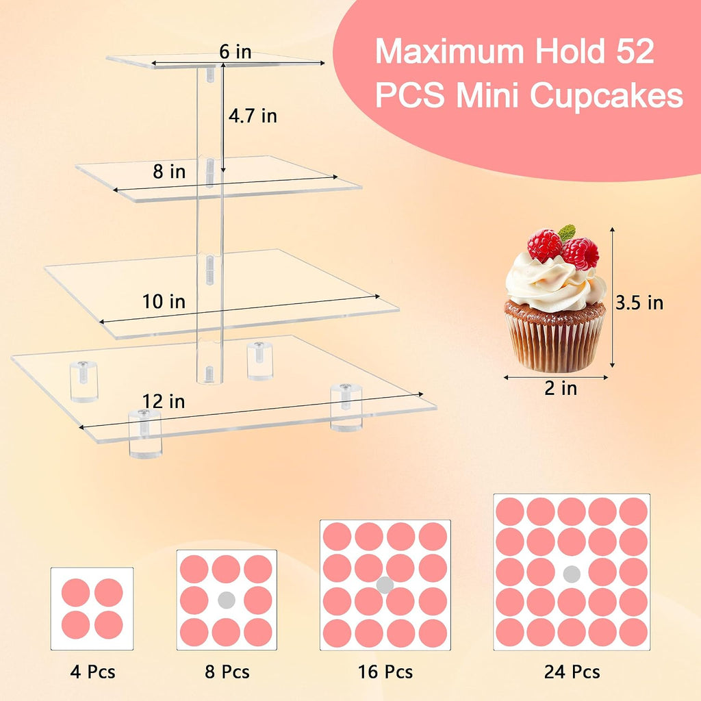 4 Tier Acrylic Cupcake Stand with Base, Premium Cupcake Holder, Acrylic Cupcake Tower Display Cady Bar Party Décor –