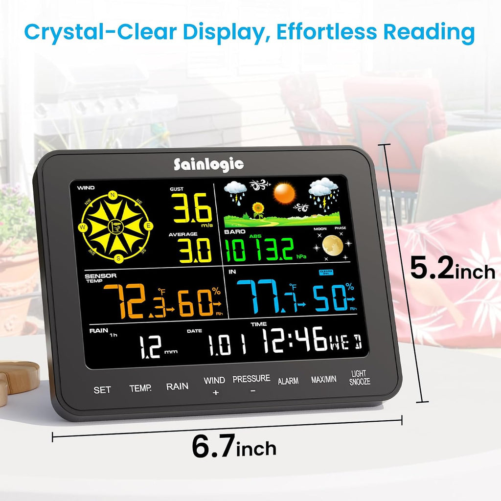 Wireless Home Weather Station with Rain Gauge, Monitors Indoor Outdoor Temperature, Humidity, Pressure, Forecast