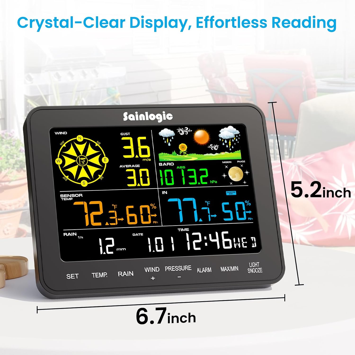 Wireless Home Weather Station with Rain Gauge, Monitors Indoor Outdoor Temperature, Humidity, Pressure, Forecast