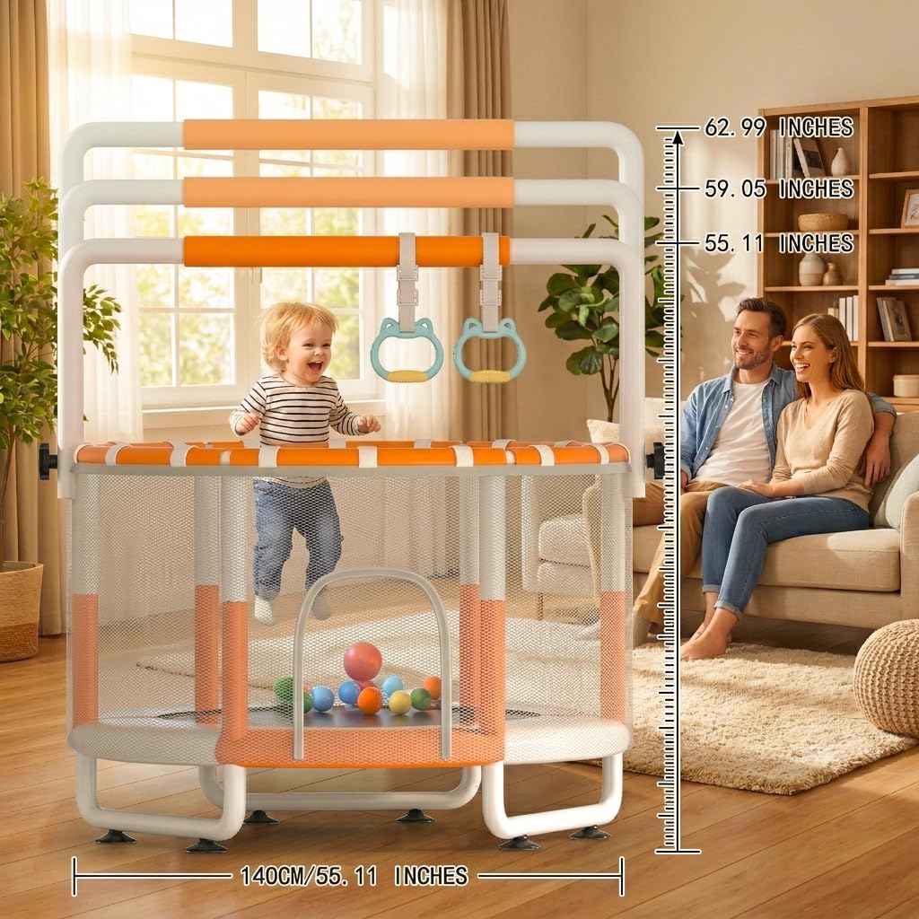 55" Kids Indoor Trampoline with Safety Net, Adjustable Gymnastics Bar & Toys – Indoor/Outdoor Toddler Play Gym for