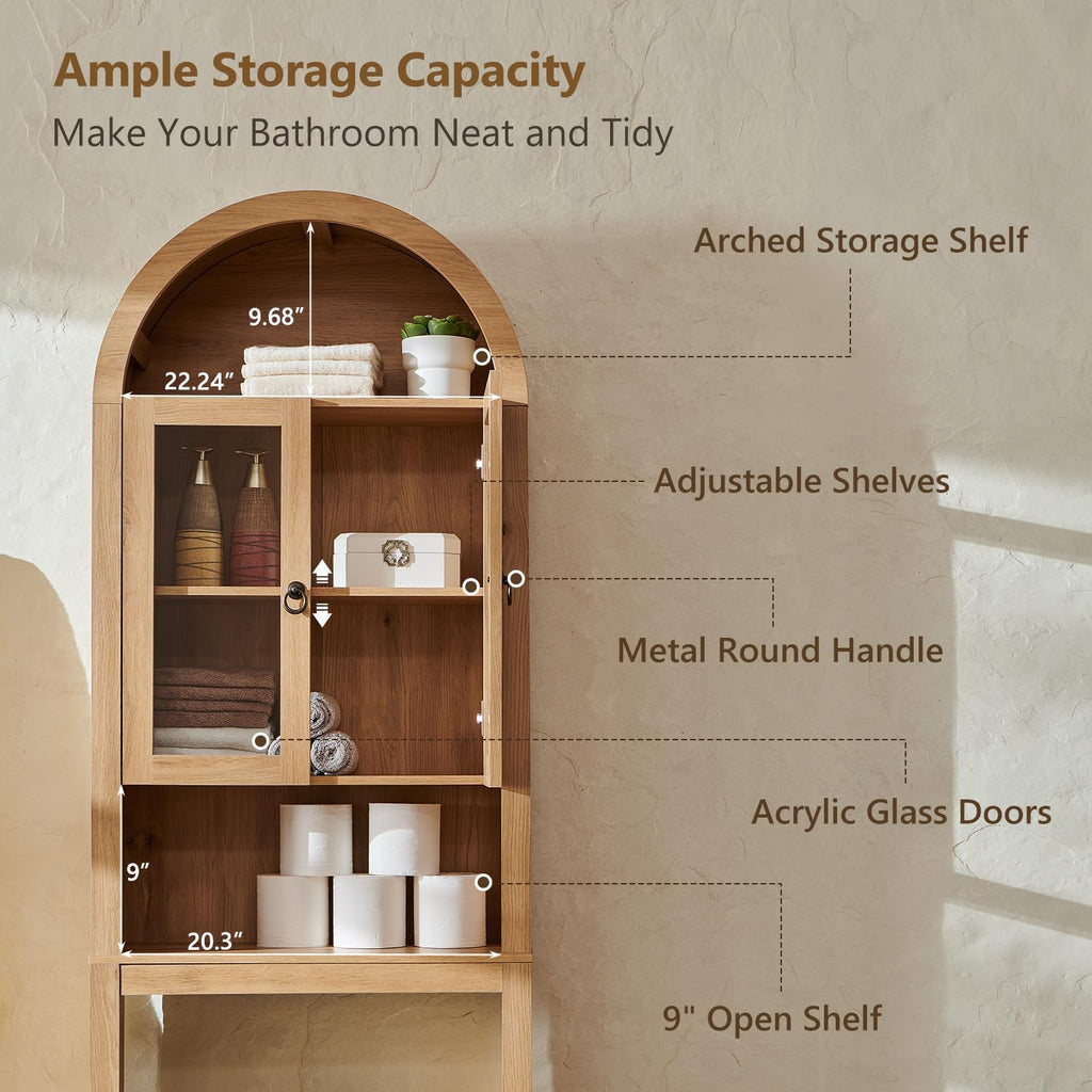 Arched Over The Toilet Storage Cabinet with Acrylic Doors, Modern Over Toilet Bathroom Organizer Shelf, Small Wooden