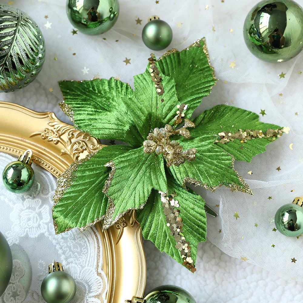 Christmas Ornaments Set, 48ct Green Shatterproof Christmas Tree Decorations Ball Large Glitter Christmas Flowers