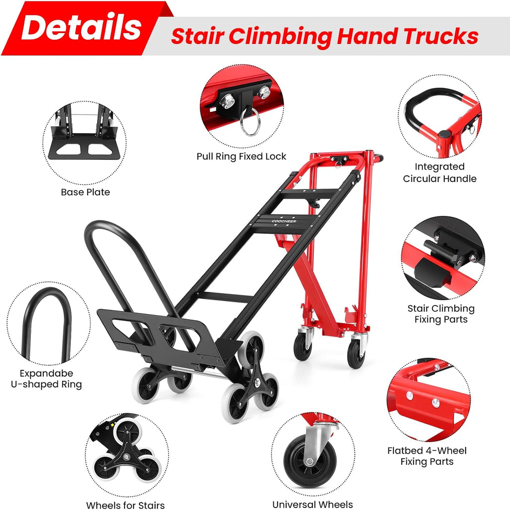 Heavy Duty 1000lbs Hand Truck, 4-in-1 Convertible Stair Climbing Dolly | Foldable Platform Utility Cart with Rubber