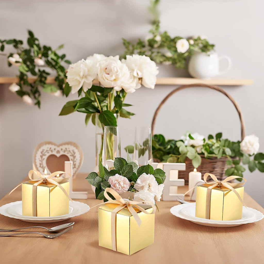 200 Pcs Small Gift Boxes 3x3x3 Inches Gold with Ribbons Kraft