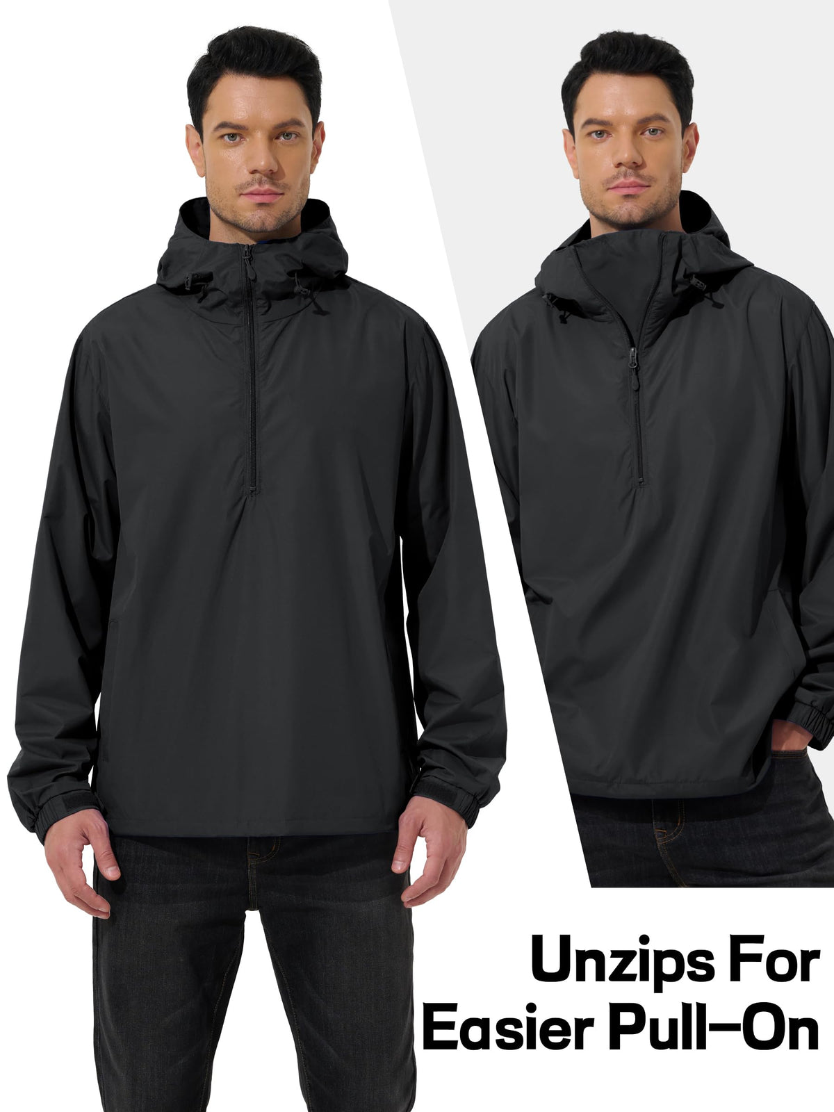 Mens Pullover Rain Jacket Waterproof Raincoat Black 2XL