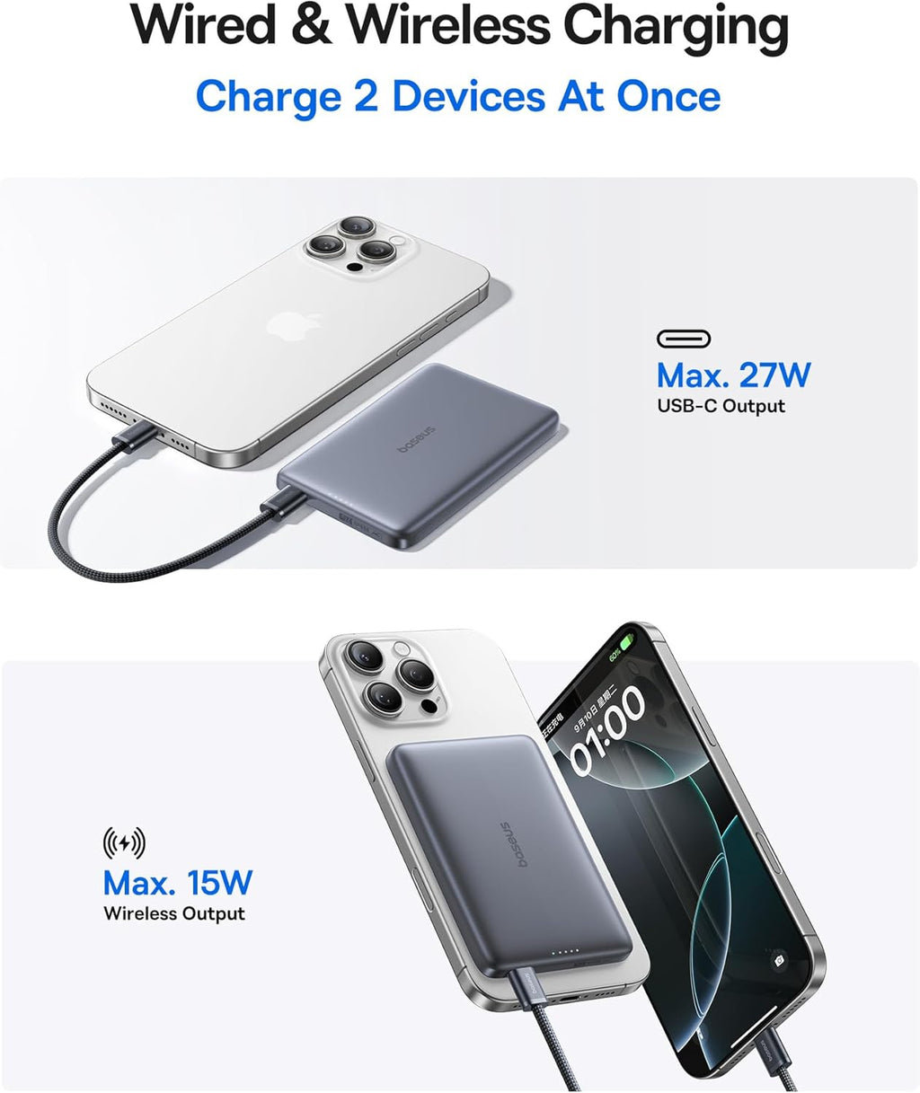 Picogo Magsafe Portable Charger, Qi2 15W 0.5" Ultra Slim 10000mAh Wireless Power Bank, 27W Fast Charging Magnetic