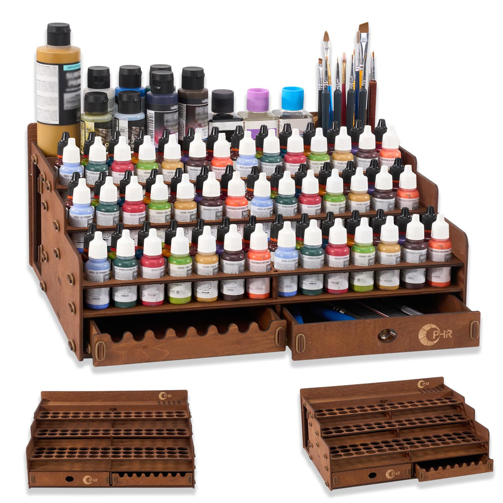 Wooden Paint Organizer 98 Holes Rack for Miniature Paints & Brushes