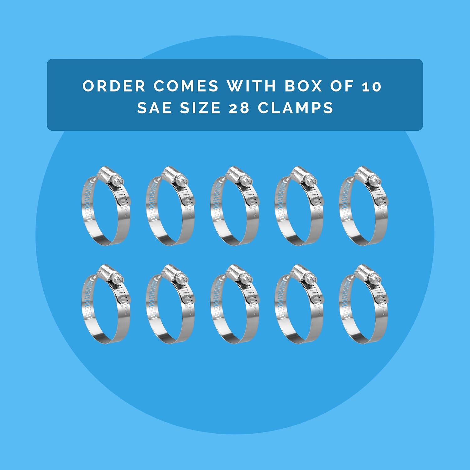 Hose Clamps, Hose Clamp Box of 10, Radiator Hose Clamp, Silver, Size SAE 28