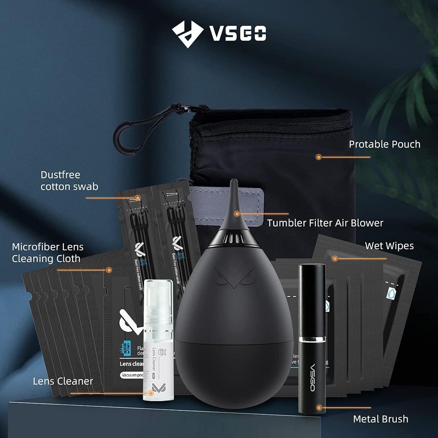 Professional Lens Cleaning Kit with Air Blower Folding Pouch Microfiber Lens Cloth Wet Wipes Lens Cleaner Metal Brush