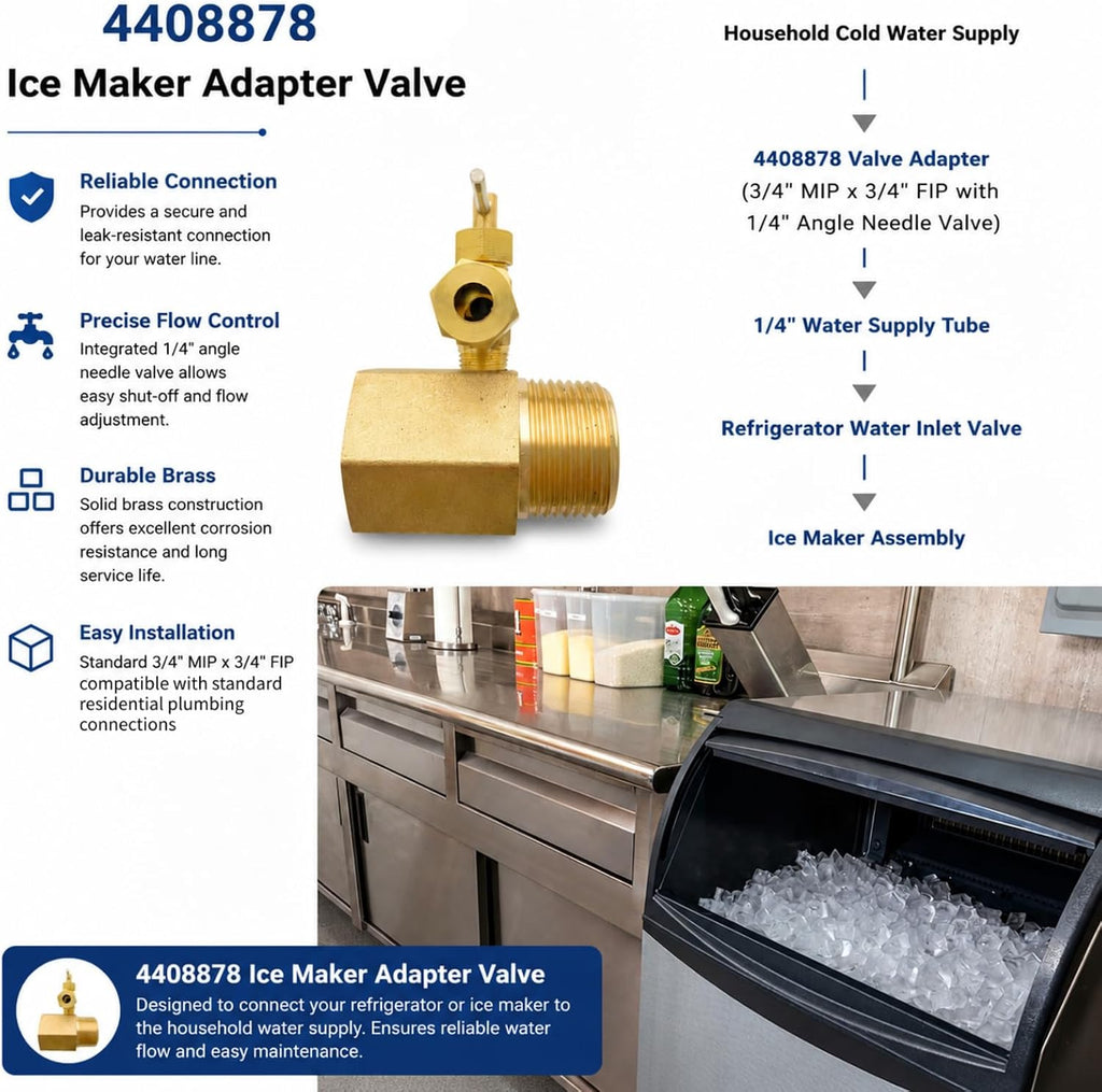 Brass Ice Maker Valve Adapter, 3/4" MIP x FIP with 1/4" Needle