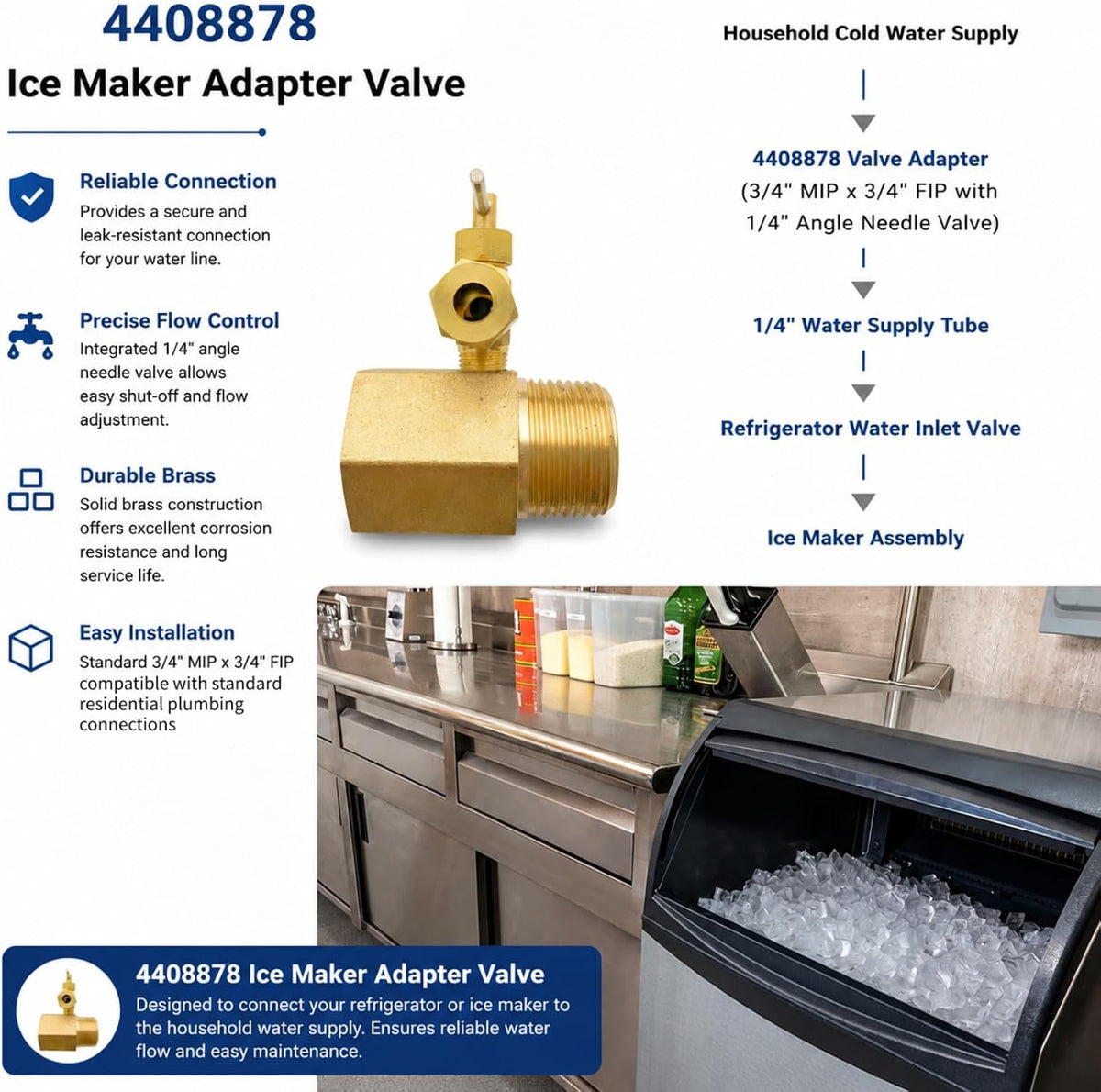 Brass Ice Maker Valve Adapter, 3/4" MIP x FIP with 1/4" Needle