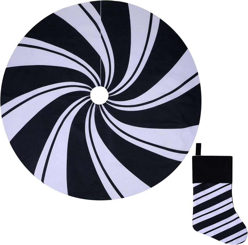 48 Inch Christmas Tree Skirt, White Nonwoven Sublimation Printed Black and White Candy Stripe Christmas Tree Skirt