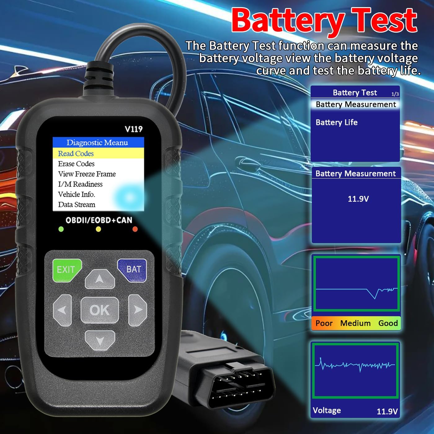 Car OBD2 Scanner Diagnostic Tool, Code Reader, Voltage Tester, Check Engine Light Fault Code, OBD2/EOBD for OBDII