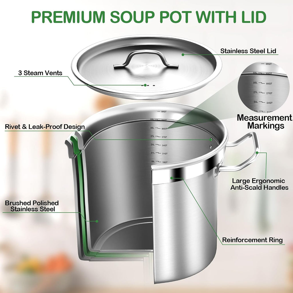 35 Quart Commercial Grade Large Stock Pot - Soup Pot with Lid - Non-Nickel Stainless Steel - Healthy Cookware