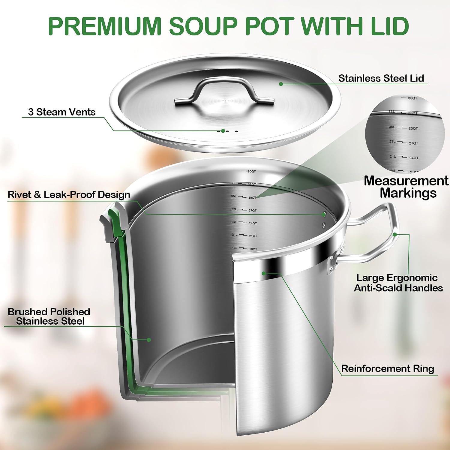 35 Quart Commercial Grade Large Stock Pot - Soup Pot with Lid - Non-Nickel Stainless Steel - Healthy Cookware