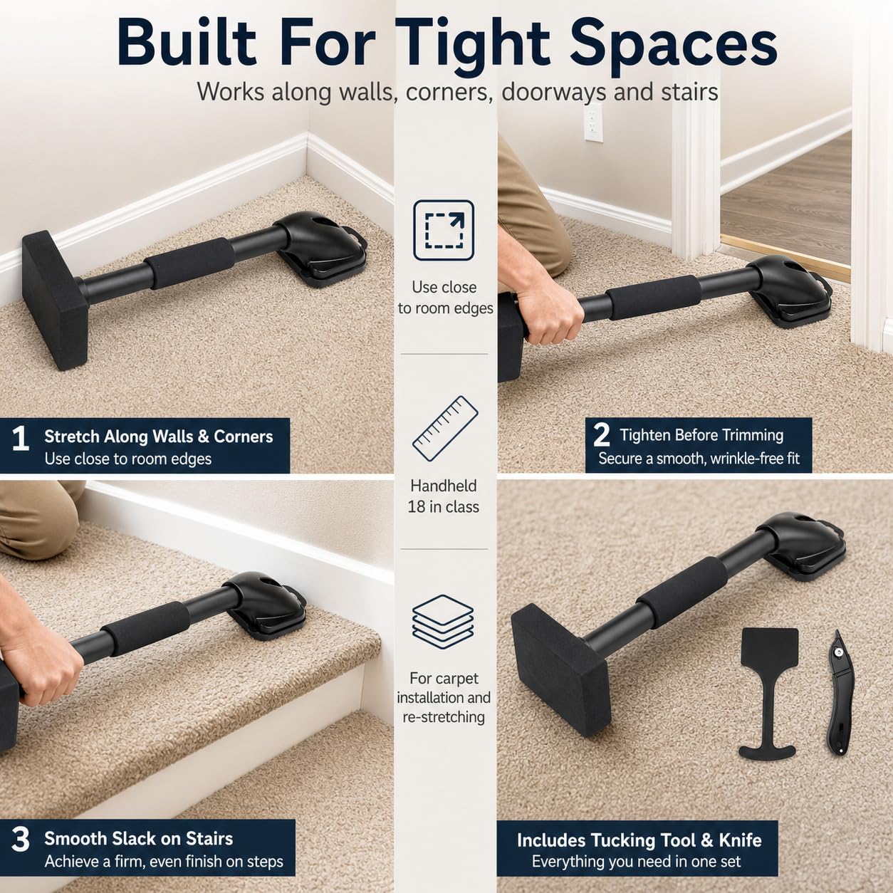 Knee Kicker and Carpet Tucker Combo, 18 Inch Carpet Installation Knee Kicker, Easy Carpet Installation and Tightening