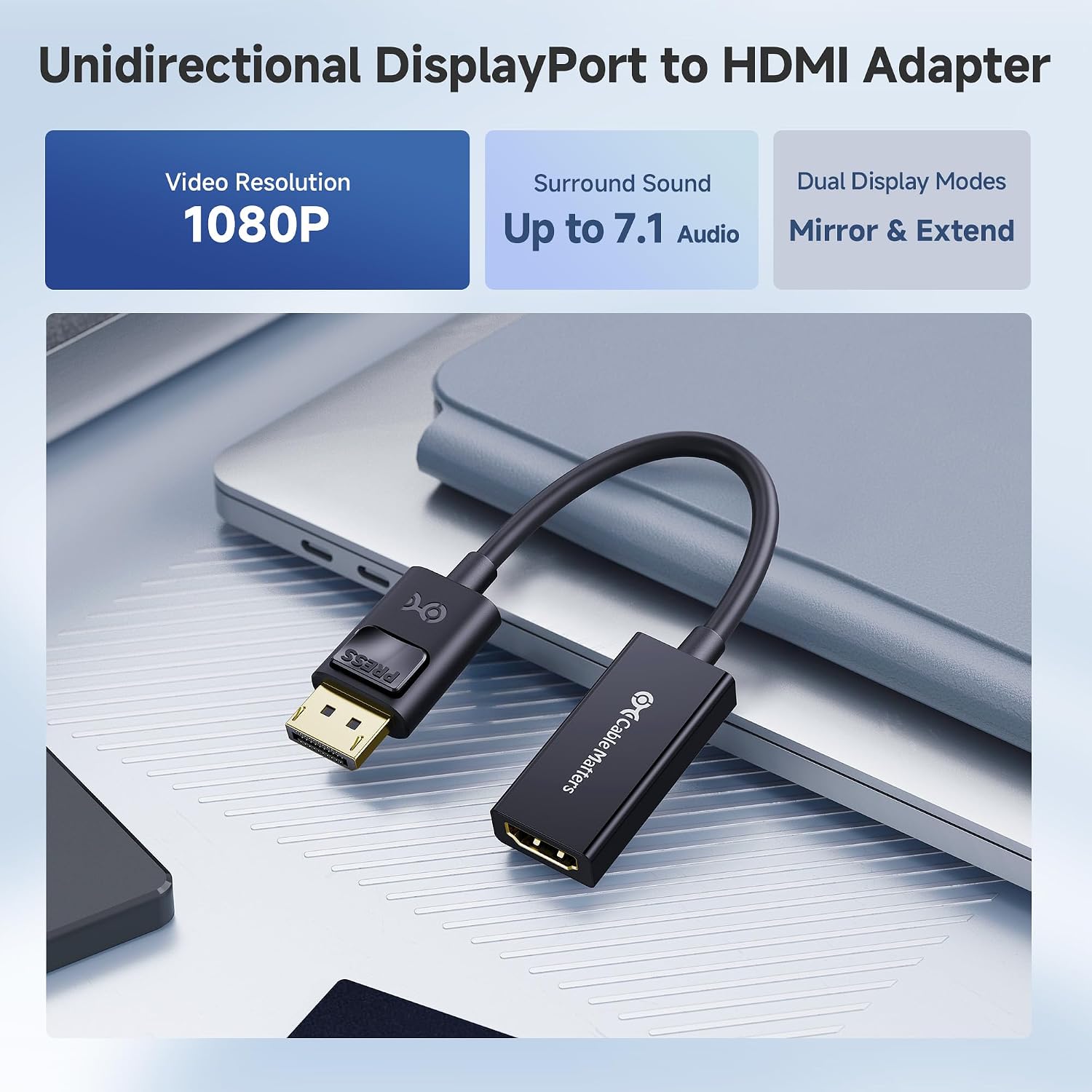 DisplayPort to HDMI Adapter, Unidirectional DP to HDMI | Full HD, 7.1 Audio, Gold-Plated
