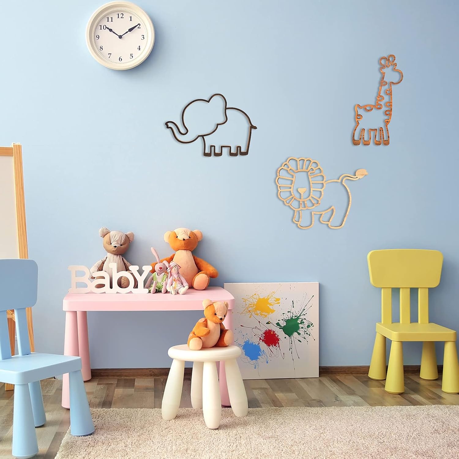 3 Pieces Nursery Wall Decor Jungle Theme Nursery Decoration Wooden Woodland Safari Animal Wall Decor with Glue Points