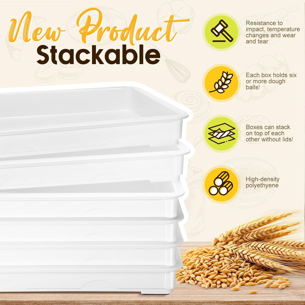 6 Pack White Pizza Dough Proofing Box Tray with Lid 22.44" x 15" x 2.8" Stackable Dough Proofing Containers for Pizza