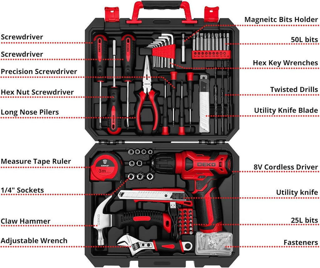 Drill Set: Tool Set with 8V Red Cordless Drill, Home Tool Kit with Drill, Hand Tool Kits for Women 126 Piece