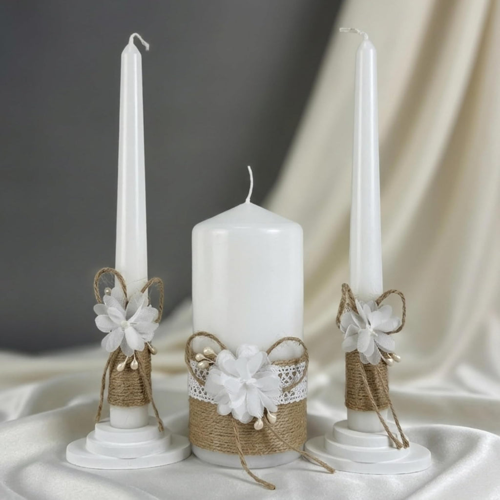Rustic Blossom Unity Candle Set for Wedding Ceremony & Reception, Rustic Boho Handmade Wedding Candles, White