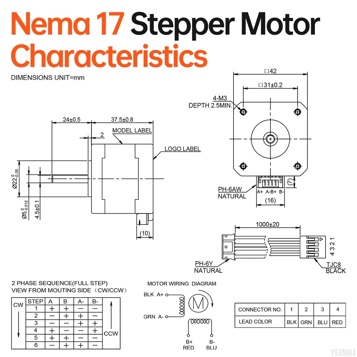 YEJMKJ Nema 17 Stepper Motor 42x38mm 0.47Nm (66.56oz·in) 1.7A 1.7Ω Bipolar