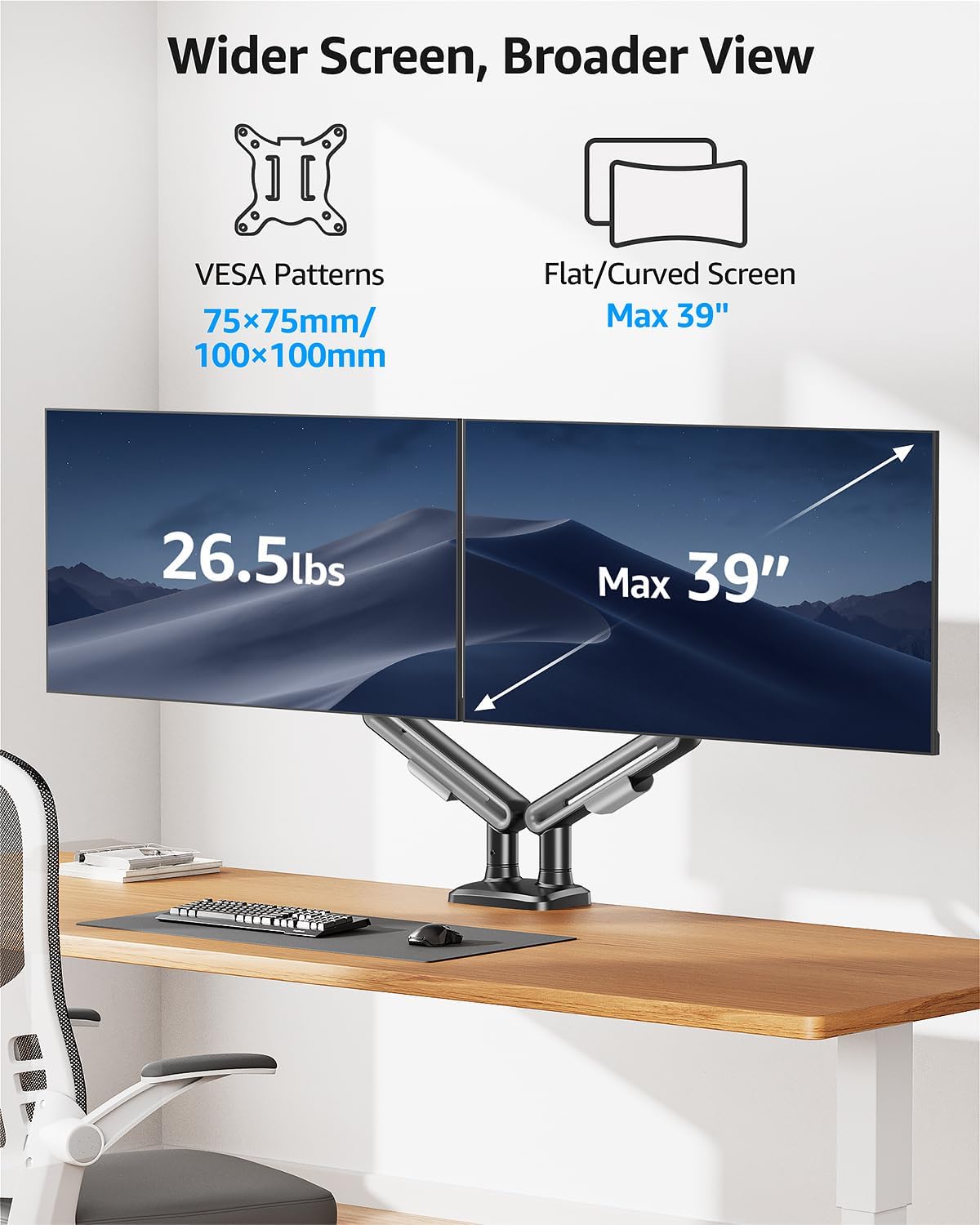 Dual Monitor Mount, Heavy Duty Monitors Arm | Holds 4.4-26.5lbs, Monitors Arm for 39 37 34 32 27inch, Height
