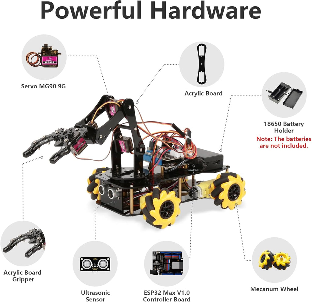 5DOF Smart Robot Arm Car Kit, 4WD Remote Control Car Compatible with Arduino/Python/Blockly Programming Project/STEM