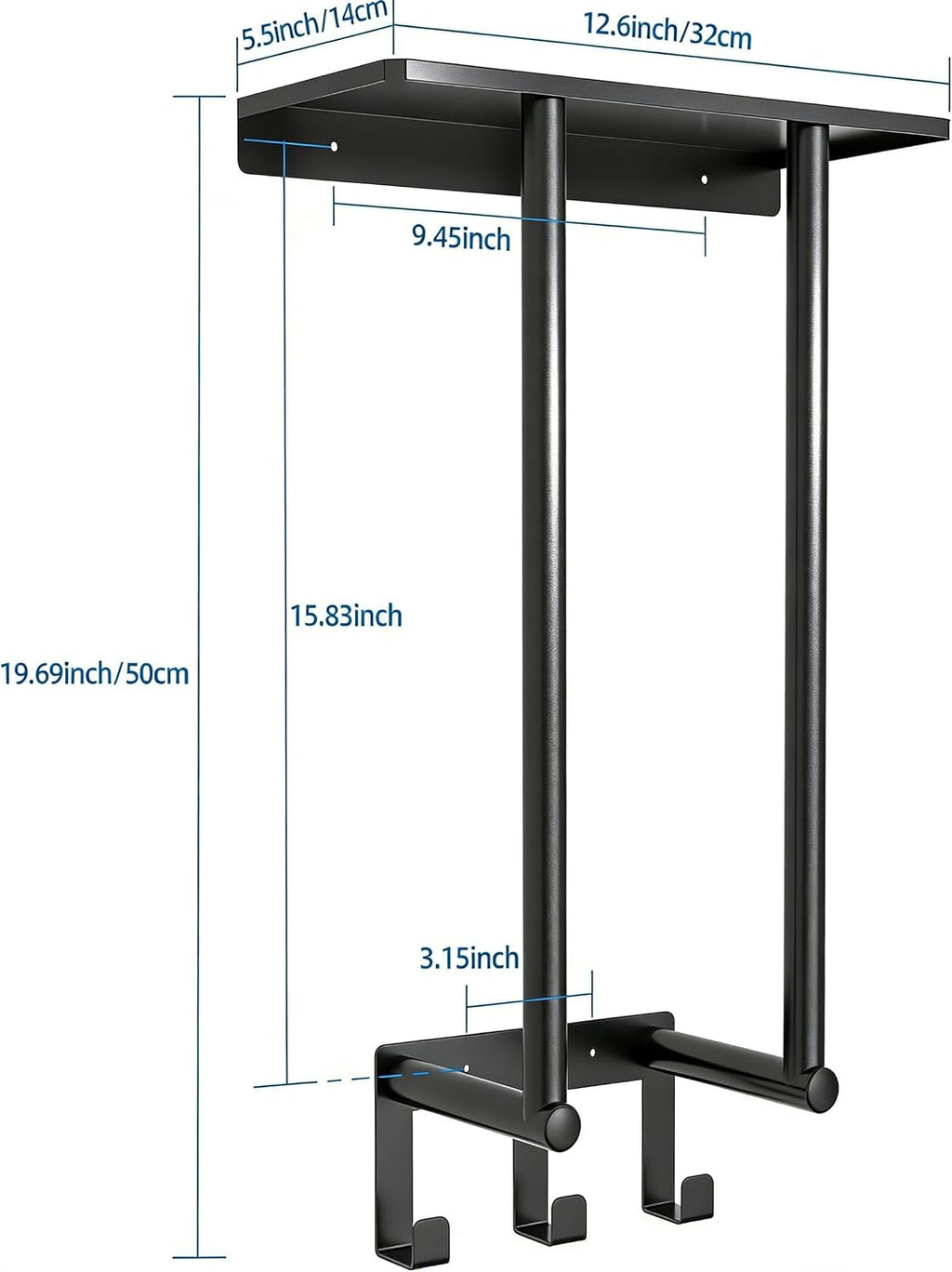 Towel Racks for Bathroom Wall, Black Small Towel Holder with Hooks | Stainless Steel Towel Shelf and 3 Hooks for
