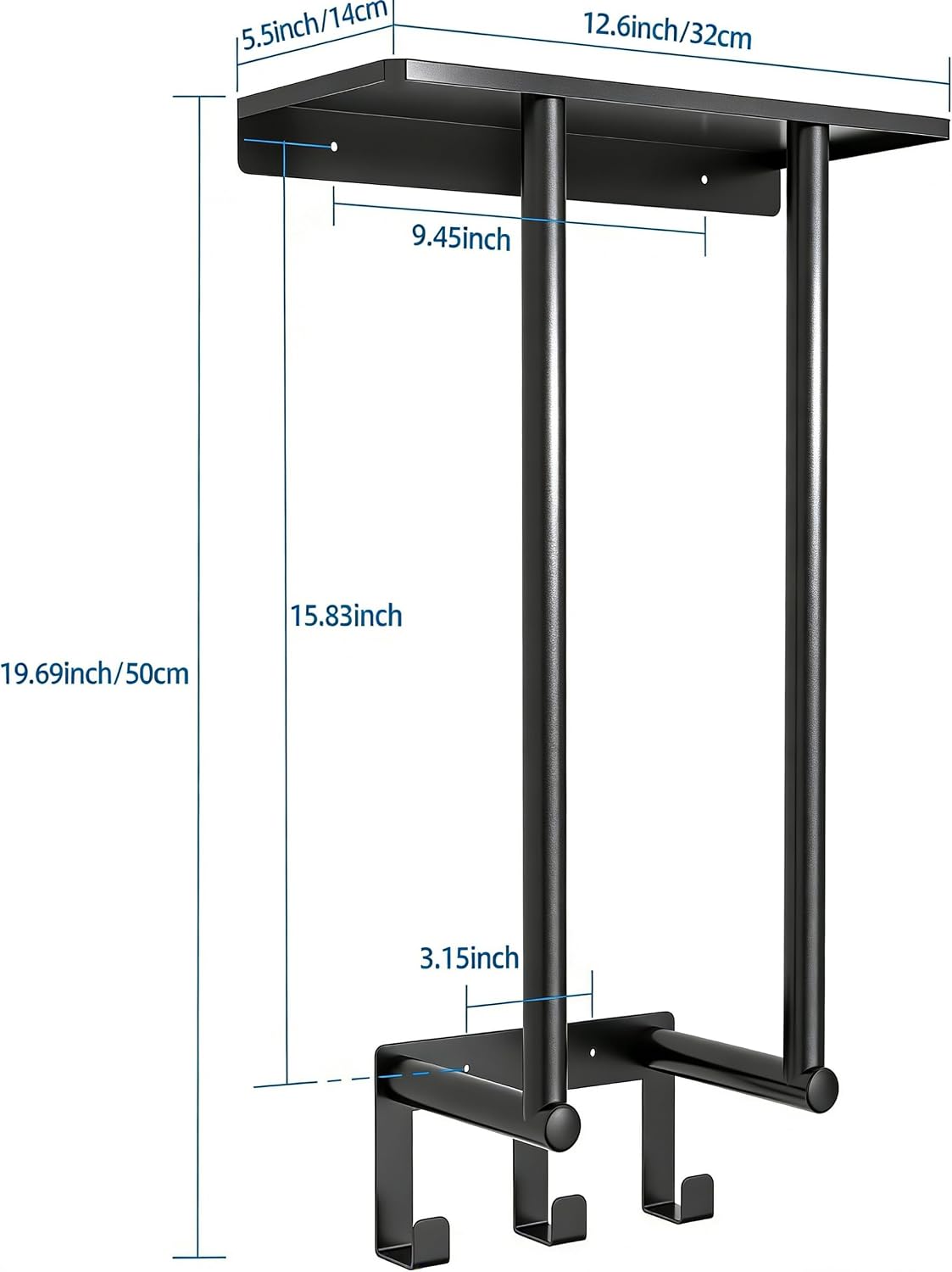 Towel Racks for Bathroom Wall, Black Small Towel Holder with Hooks | Stainless Steel Towel Shelf and 3 Hooks for