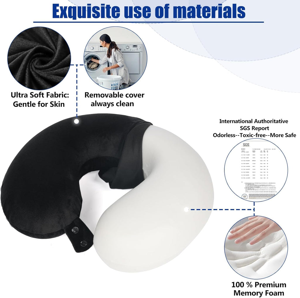 Travel Pillow 100% Pure Memory Foam Travel Neck Pillow, Airplane Pillow for Traveling、Car、Home、Office，Washable