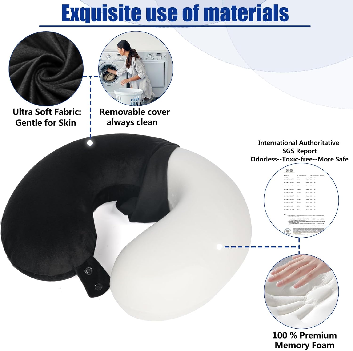 Travel Pillow 100% Pure Memory Foam Travel Neck Pillow, Airplane Pillow for Traveling、Car、Home、Office，Washable