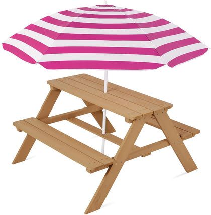 Wooden Kids Picnic Table with Umbrella, Outdoor Activity Table Set with Built-in Benches, 220 lb Capacity per Bench