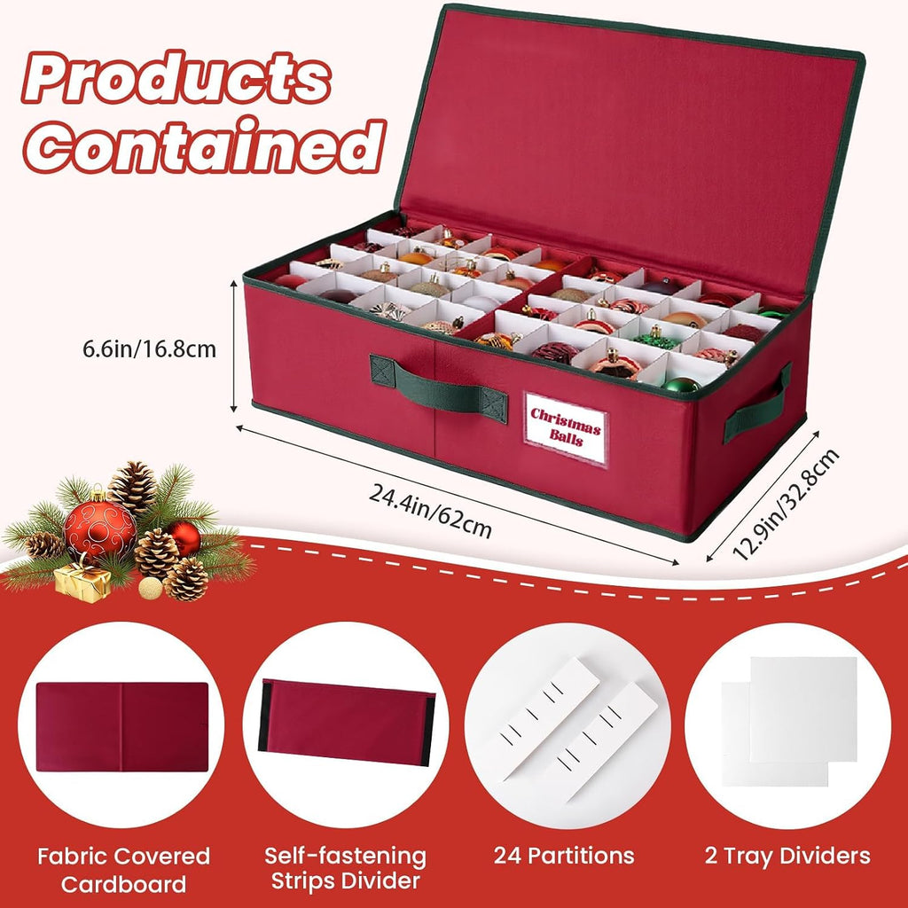 Christmas Ornament Storage Box -Stores Up to 64 3” Balls, Holiday Ornaments Storage with Adjustable Dividers, Visual