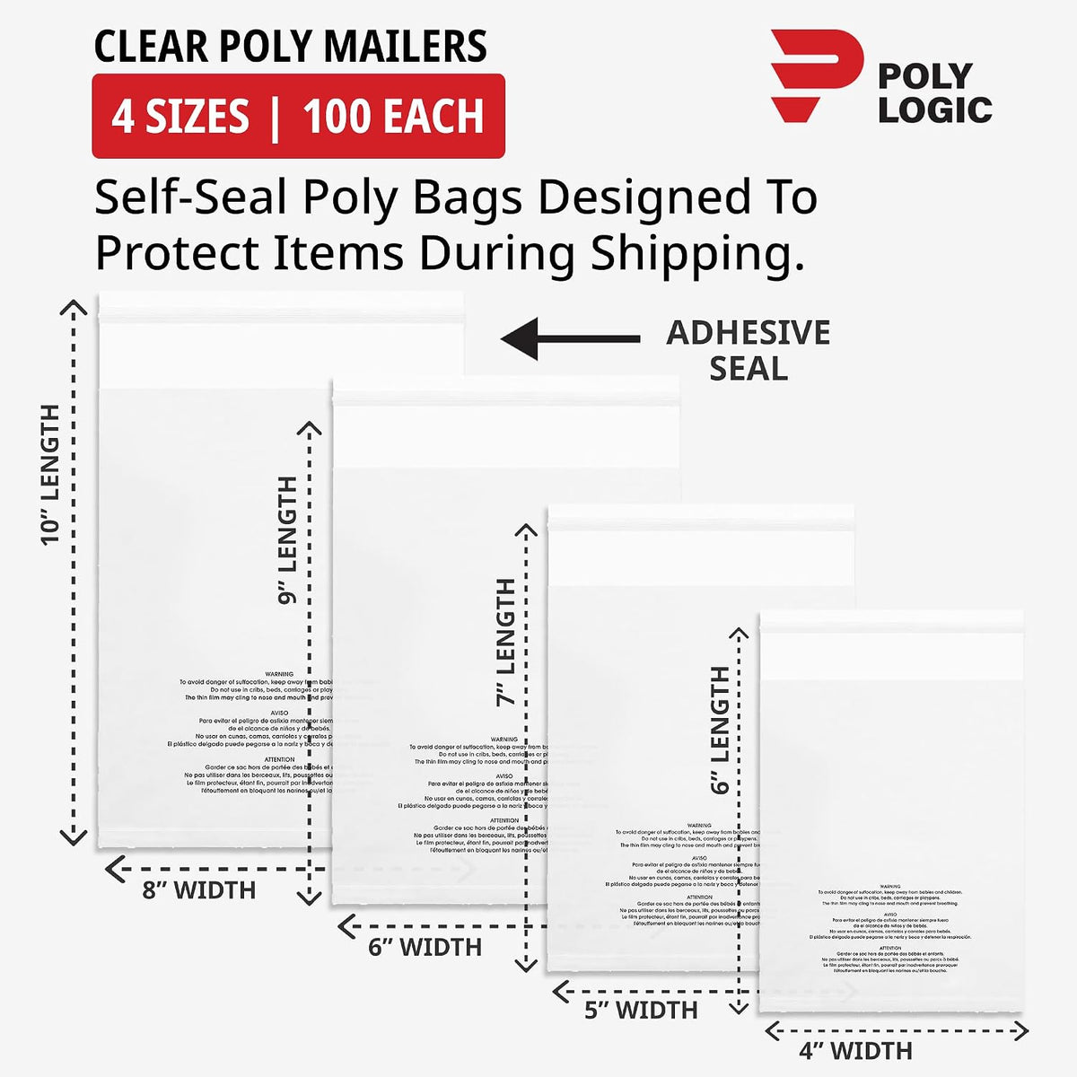 Clear Resealable Poly Bags with Suffocation Warning (400 Pack) - 4 Sizes: 4x6, 5x7, 6x9, 8x10 - Self-Seal Plastic